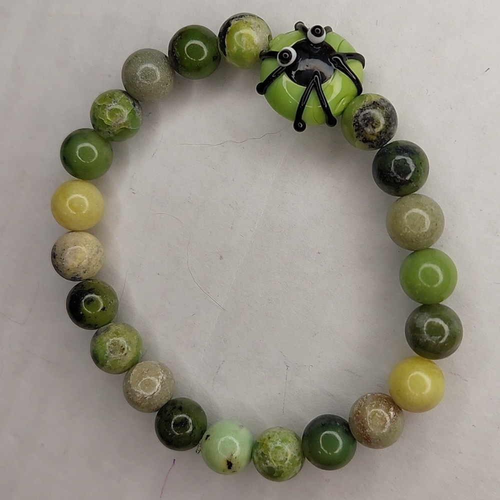 Australian Chrysophrase stone 8mm round with Lampwork glass spider center bracel